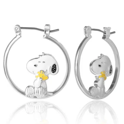 Peanuts Snoopy Hugging Woodstock Enamel Hoop Earrings In Metallic