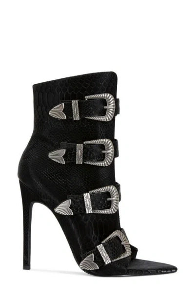 Azalea Wang Tjeerd Snakeskin Embossed Open Toe Bootie In Black