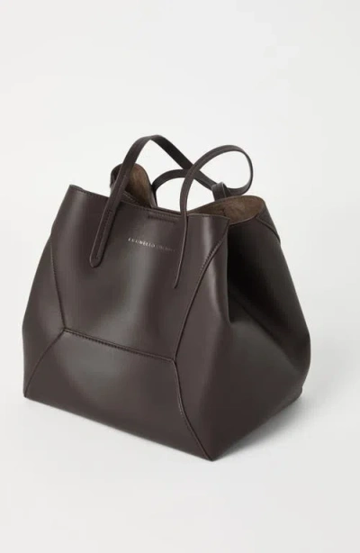 Brunello Cucinelli Geometric Design Leather Tote Bag With Structured Silhouette
