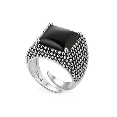 Unaloe Silver / Black Sterling Silver Men's Ring With Black Onyx – Bold Design With Adjustable Band In Multi