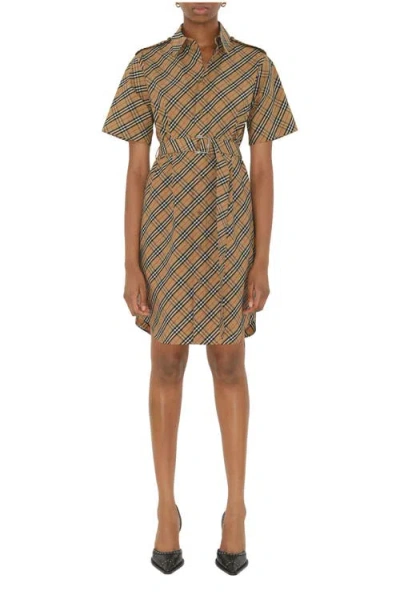 Burberry Classic Check Cotton Dress With Belted Waist In Neutral