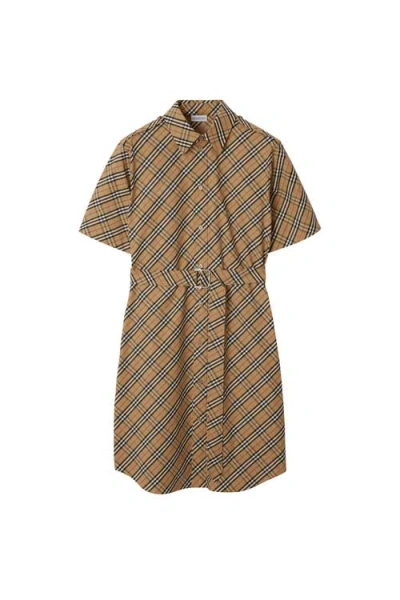 Burberry Classic Check Cotton Dress With Belted Waist In Neutral