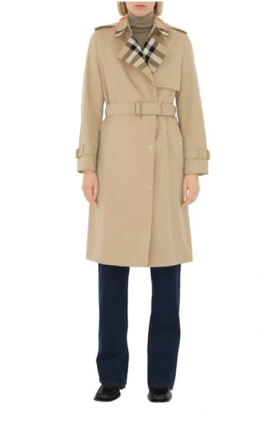 Burberry Plaid-collar Gabardine Trench Coat In Brown