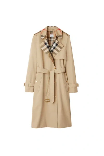 Burberry Plaid-collar Gabardine Trench Coat In Brown