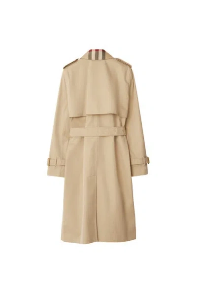 Burberry Plaid-collar Gabardine Trench Coat In Brown