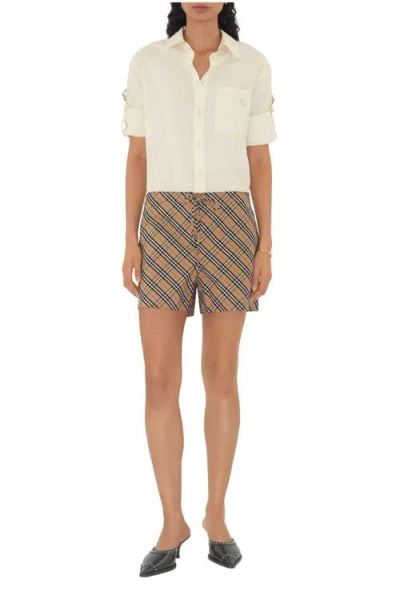 Burberry Women Beige Shorts With Elastic Drawstring Waist And All-over Check Motif In Cotton Woman In Multi