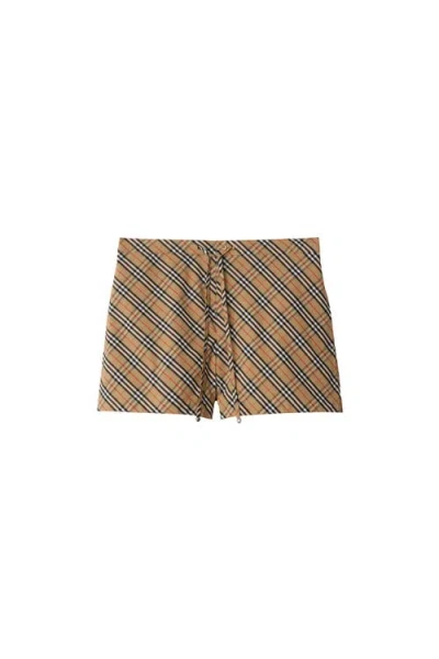 Burberry Women Beige Shorts With Elastic Drawstring Waist And All-over Check Motif In Cotton Woman In Multi