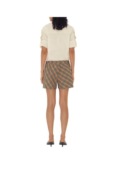 Burberry Women Beige Shorts With Elastic Drawstring Waist And All-over Check Motif In Cotton Woman In Multi