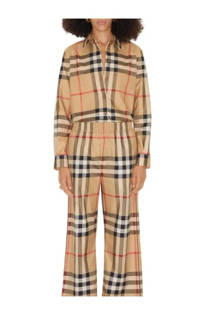 Burberry Check-pattern Flared Cotton Trousers In Brown