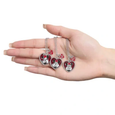 Disney Mickey & Minnie Mouse Heart Necklace, Set Of 3 In Metallic