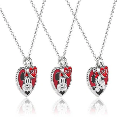 Disney Mickey & Minnie Mouse Heart Necklace, Set Of 3 In Metallic