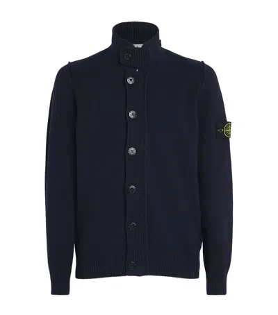 Stone Island Lambswool Zip Knit Cardigan In Blue