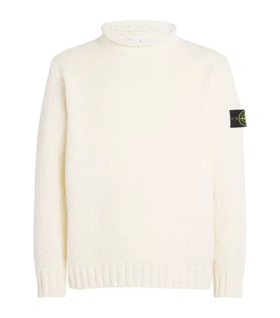 Stone Island Fitted Off-white Turtleneck Sweater With Logo Detail In Neutral