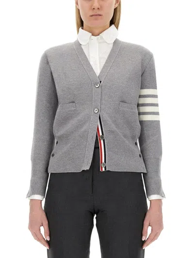 Thom Browne V-neck Grey Virgin Wool Cardigan In Gray