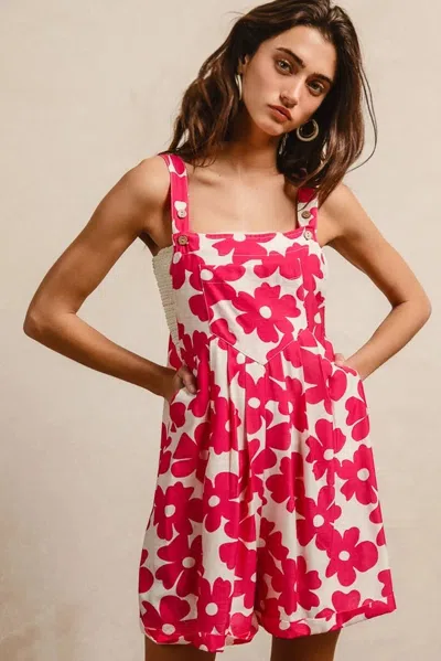 Truedames Floral Prints Tuck Detail Short Overall With Pockets In Red