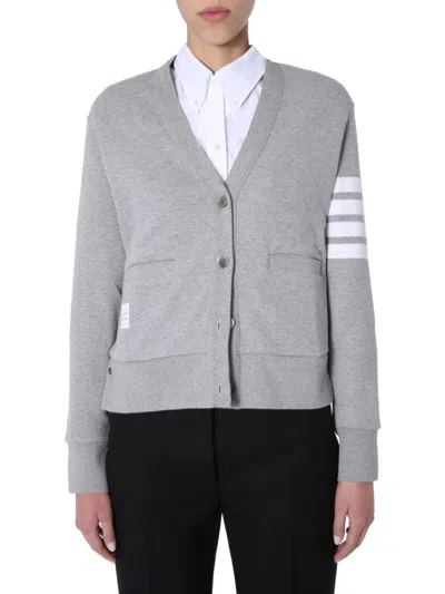 Thom Browne Four Bar Stripe Cotton Blend Knit V-neck Cardigan In Gray
