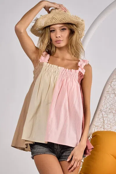 Truedames Frill Shoulder Strap Color Block Bodice Top In Pink