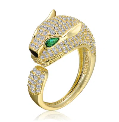Rachel Glauber Panther Head With Emerald Green & Clear Cubic Zirconia Open Design Ring In Gold