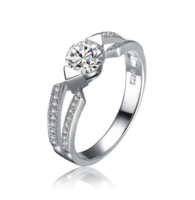 Stella Valentino Sterling Silver White Gold Plated With Clear Moissanite Cocktail Ring In Silver