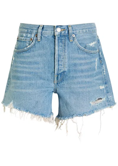Agolde Stella Distressed Organic Denim Shorts In Blue