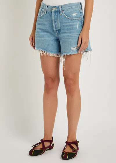 Agolde Stella Distressed Organic Denim Shorts In Blue
