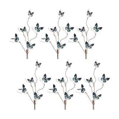 Melrose International Blue And Black Wire Butterfly Spray (set Of 6) - Blue, Brown