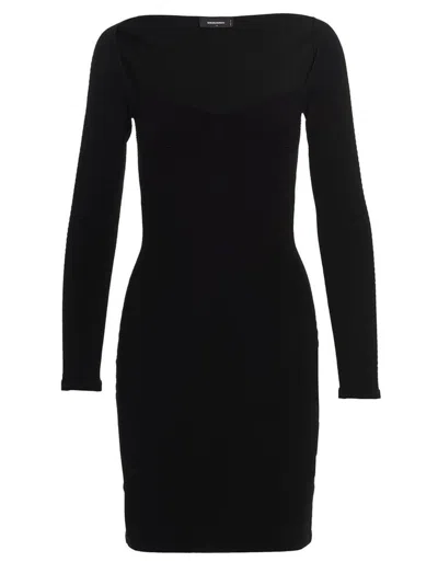 Dsquared2 Ribbed Knee-length Dress Crew Neckline In Black