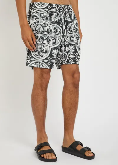 Dolce & Gabbana Printed Bermuda Style Shorts With Elastic Waist In Black