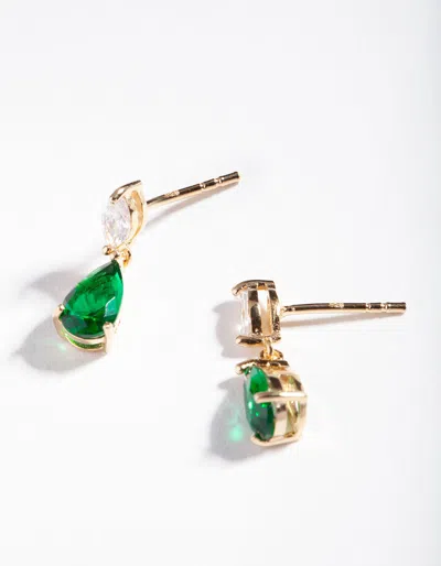 Lovisa Gold Plated Sterling Silver Green Cubic Zirconia Teardrop Earrings In Gold