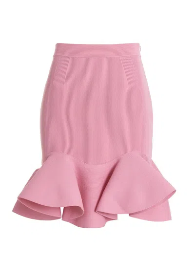 Alexander Mcqueen Mcqueen Fitted Ribbed Skirt With Flared Ruffle Hem In Pink