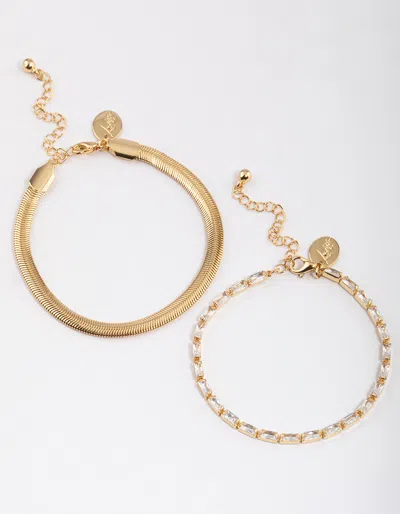 Lovisa Gold Plated Cubic Zirconia Baguette Snake Double Bracelet In Gold
