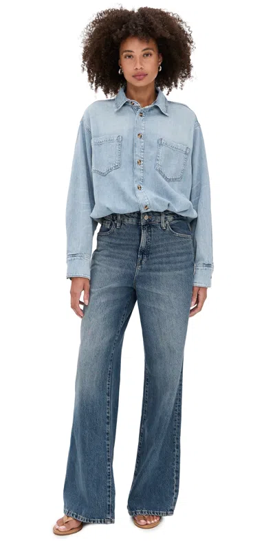 Good American Womens Long-sleeves Wide-leg Denim-blend Jumpsuit Indigo796 In Blue