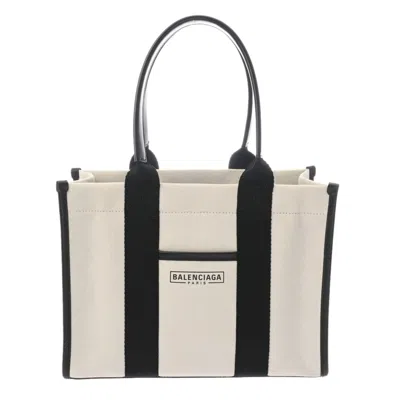 Pre-owned Balenciaga Black White Canvas Leather Tote Bag ()