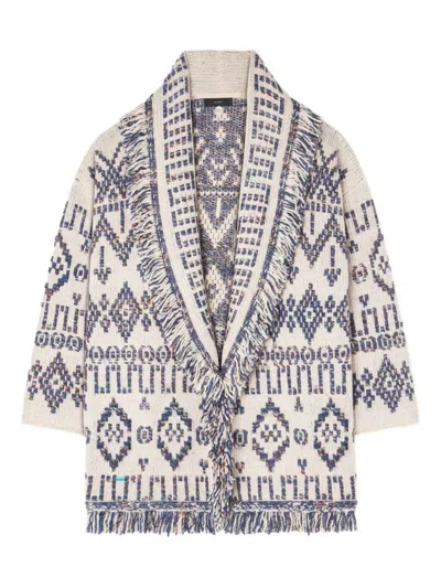Alanui Wool Cardigan With Belted Waist And Fringe In Multi