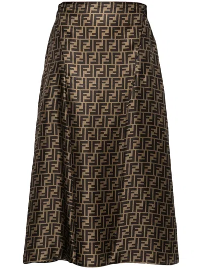 Fendi Women Embroidered Silk Skirt In Brown
