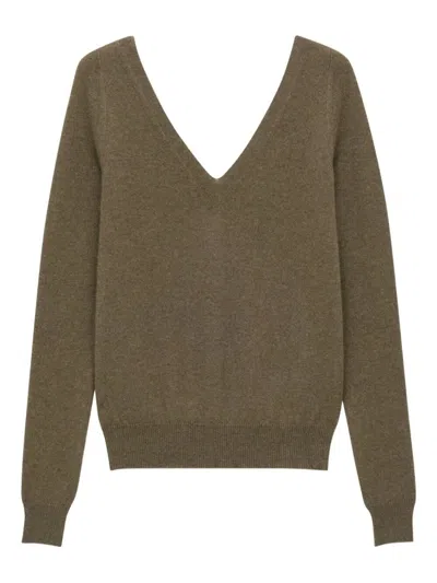 Saint Laurent Luxurious Cashmere V-neck Sweater With Ribbed Trims In Green