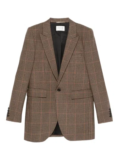 Saint Laurent Checked Single-breasted Blazer In Brown