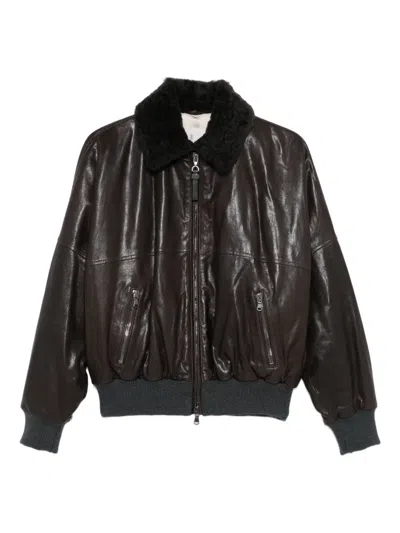 Brunello Cucinelli Leather Jacket With Shearling Collar In Brown