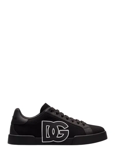 Dolce & Gabbana Portofino Light Strobel Sneakers In Canvas And Calfskin In Black