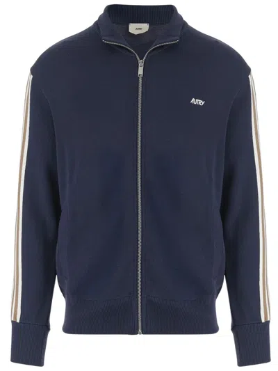 Autry High-collar Blue Jacket With Vertical Stripes And Ribbed Cuffs In Blue