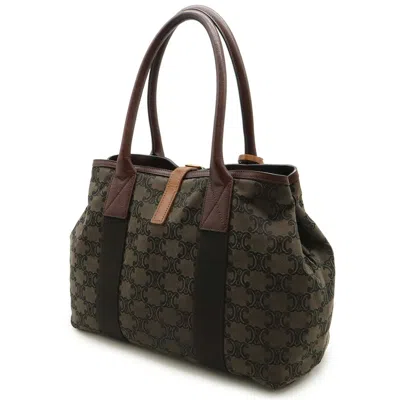 Pre-owned Celine Macadam Burgundy Dark Khaki Canvas Leather Shoulder Bag Tote Bag ()