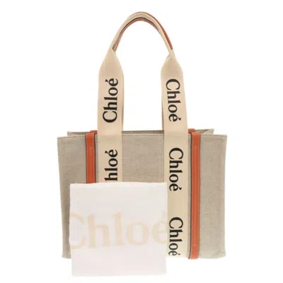 Pre-owned Chloé Beige Orange Leather Linen Canvas Handbag Tote Bag ()