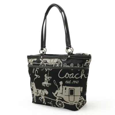 Pre-owned Coach Beige Black Satin Canvas Leather Shoulder Bag Tote Bag ()