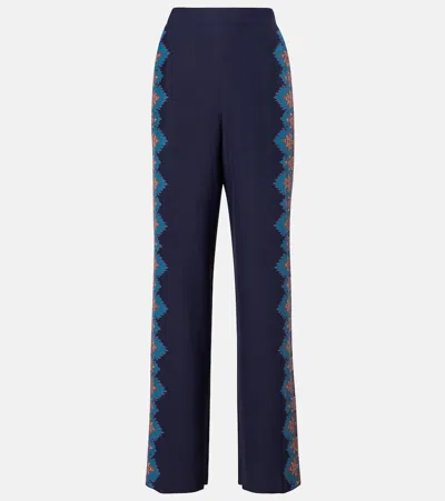 Etro Floral Print Silk Trousers In Blue