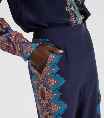 Etro Floral Print Silk Trousers In Blue