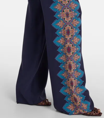 Etro Floral Print Silk Trousers In Blue
