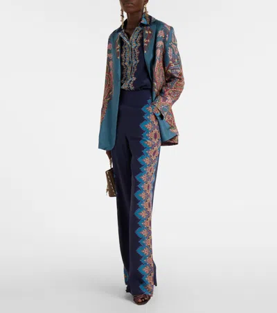 Etro Floral Print Silk Trousers In Blue