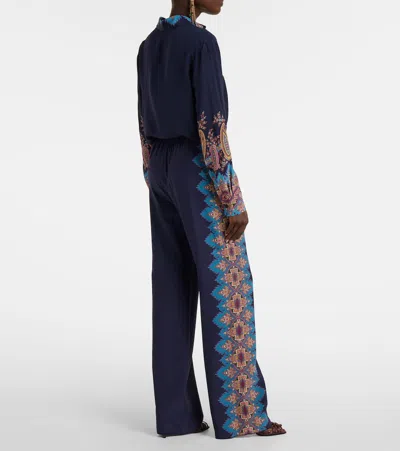 Etro Floral Print Silk Trousers In Blue