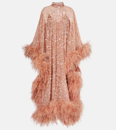 Taller Marmo Casta Diva Sublime Oversized Feather-trimmed Sequined Tulle Gown In Pink