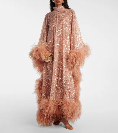 Taller Marmo Casta Diva Sublime Oversized Feather-trimmed Sequined Tulle Gown In Pink